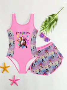 Girls' Beachwear Set, P Shimmering Starry Print Tank Top Swimsuit + Skirt Two-Piece, Stylish Summer for Kids, Perfect for Poolside Fun