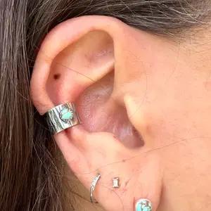 4mm Number 8 Turquoise Ear Cuff • Sterling Silver Wide Conch Band No‑Piercing