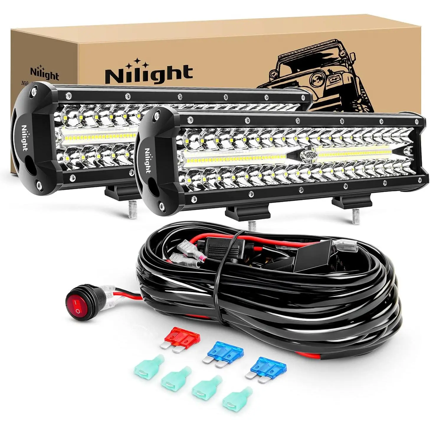 Nilight Aluminum LED Light Bar Kit - 2pcs 12in 300W Triple Row Spot-Flood Combo Beam 30000LM Offroad Lights, Bracket Mount, 9-30V DC, -40~85°C, Rain-Resistant, Wiring Harness for Trucks, Ships, Yachts
