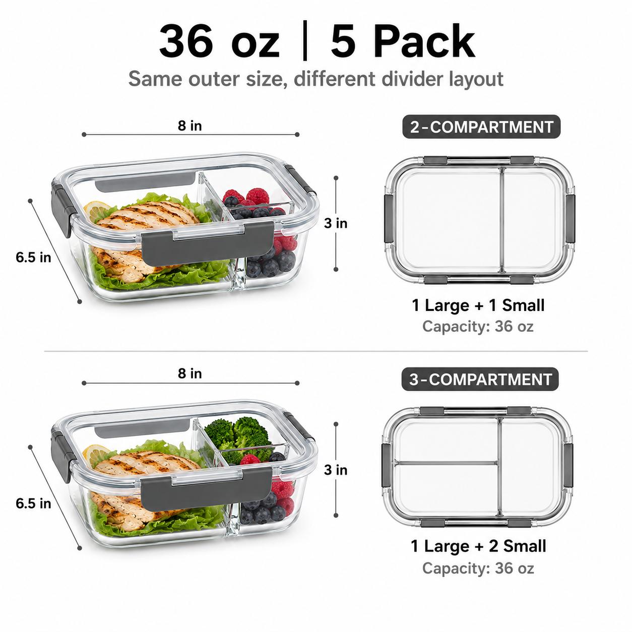 AISOON 5-Pack (36oz) Borosilicate Glass Meal Prep Containers with Airtight Lids, 3 Compartment Glass Lunch Containers, Food Prep Lunch Box, Bento Box, Microwave, Oven, Freezer & Dishwasher Safe, Leakproof, Food Storage, Meal Preps For The Week, Easy Meals