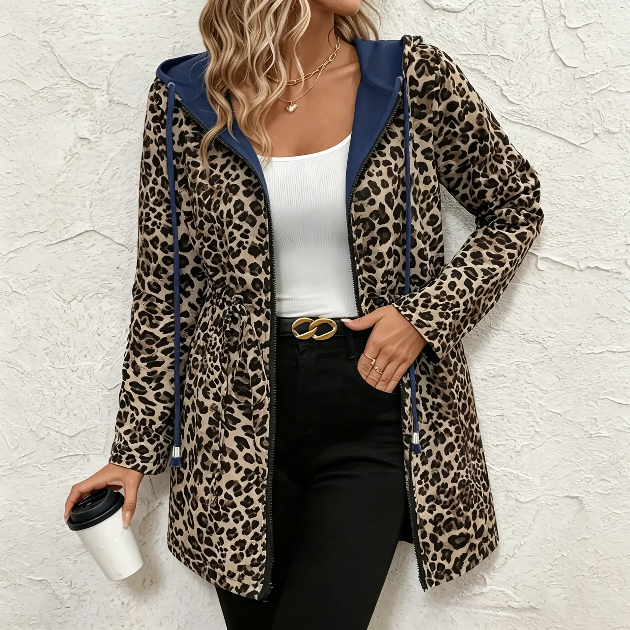 Women's Fitted Casual Street Longsleeves Hooded Jacket - Spring/Autumn Coats, Leopard Print Pockets, Double-Sided Wear, Zipper-Closure Tops, Lightweight Women's Outerwear