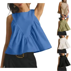 SCUSTY Womens Sleeveless Peplum Top Swing Tank Loose Fit Back Button Casual Blouse Ruffled Shirts