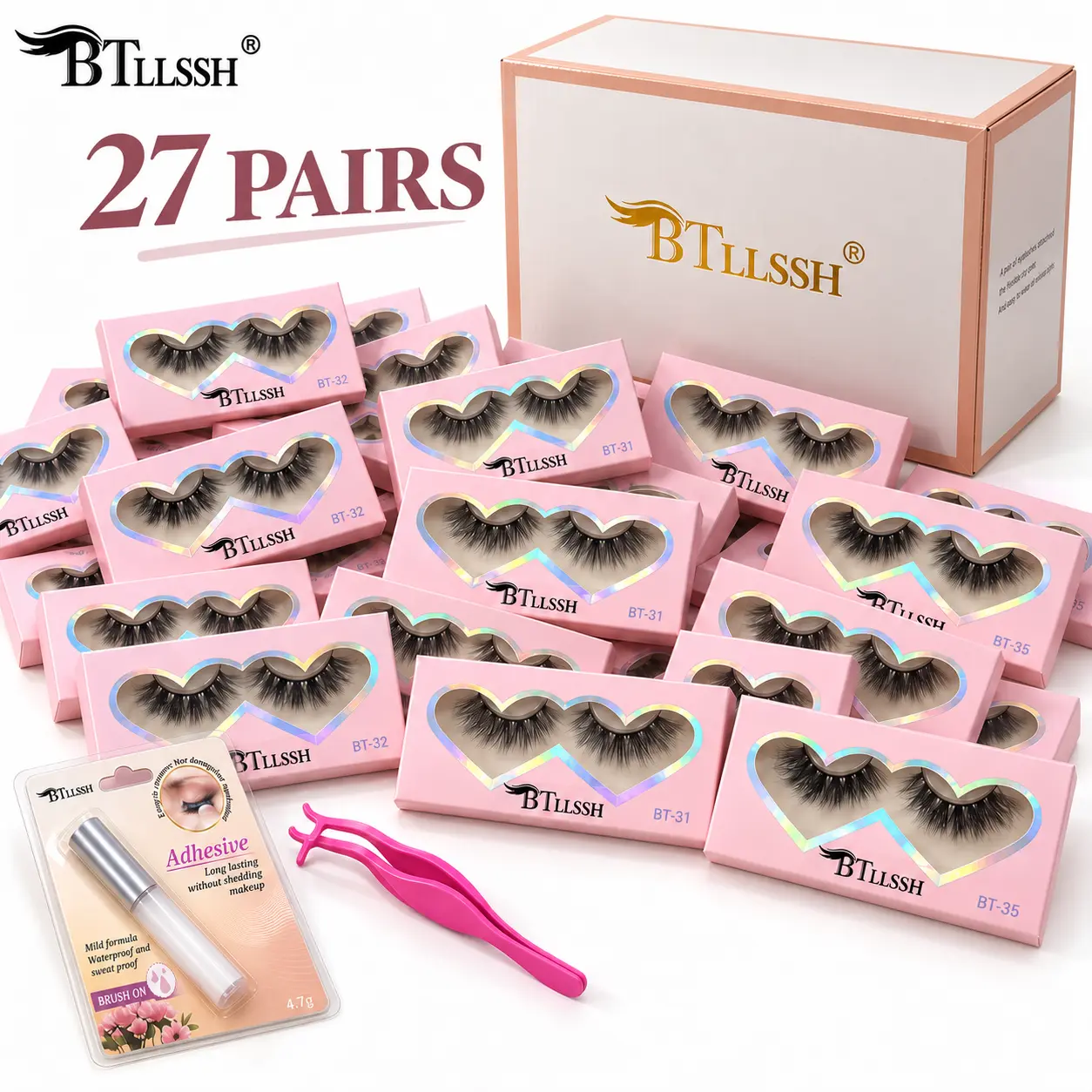 NO.1 BTLLSSH False Eyelashes 18mm 3 Styles 27 Pair PACK Mix Cross Natural Look Luxury Volume Faux Mink Lashes Reusable Strip Lashes, Mulitpack Makeup Cosmetic
