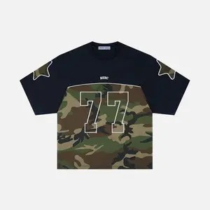 Aelfric Eden 77 Camouflage Football Jersey Short Sleeve Tee Mid Rise Oversized Boxy Fit Camo Splicing Panel Number 77 Graphic Star Sleeve Detail Breathable Cotton Fabric Retro Sporty Streetwear Unisex Top