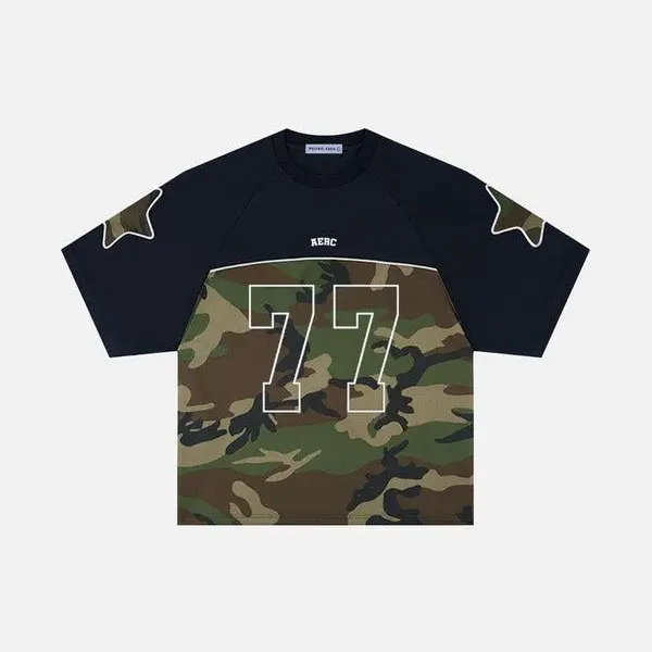 AELFRIC EDEN Men's Oversized Vintage Short-Sleeve Tee, Casual Polyester Streetwear Jersey with Camouflage Patchwork Layout, Retro 77 Graphic, Men's Graphic Clothing, Round Neck, Men's T Shirts