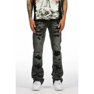 Stunt Dark Grey Rhinestone Stacked Flare Jean