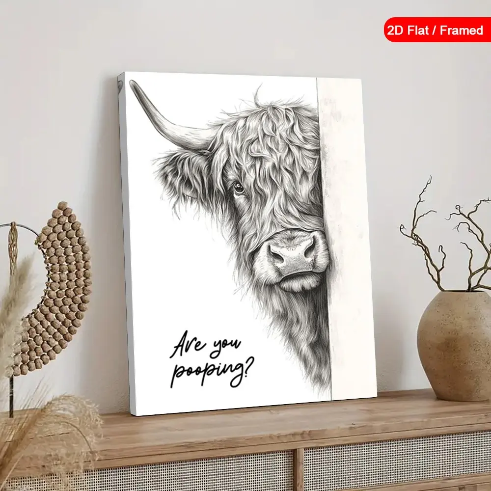 Funny Highland Cow Bathroom Wall Art, Western Wall Art, Rustic Farmhouse Wall Decor, Home Wall Decor, Humorous Canvas Print, Cute Animal Art, Cute Cow Pattern, Framed, Ready to Hang, Wall Decor Pictures, Art Prints