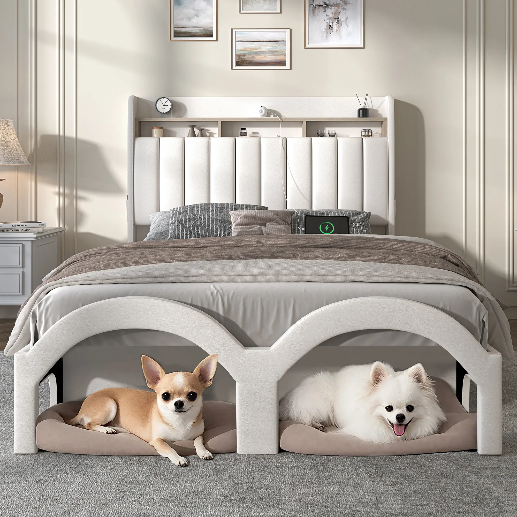 [Summerwins] SIBEDS Full LED Galaxy Bed Frame Set with Optional Mattress, 2 Storage Drawers & 2-Tier Headboard, PU Upholstered Platform Bed with Ambient Lighting, Pet Rest Area, No Box Spring Needed – Cozy Bedroom Furniture Decor