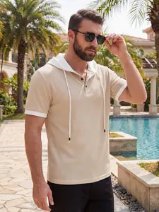 New men's waffle knit polo shirt with hood - stylish contrasting color hood and cuffs, semi-open buttoned collar, short sleeves, and fitted design. Perfect for casual outings, vacations, and daily trendy street style.