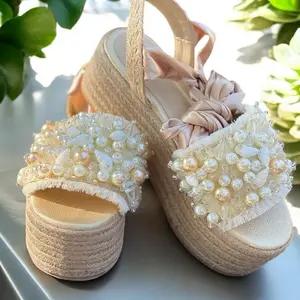 Alma Edelias Floral Charm Wedge Sandals #369 Handmade in Colombia with Pearls Beads & 3D Flowers Soft Synthetic Upper Flatform Women's Summer Shoes