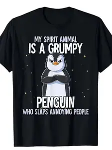 Men'S Funny Penguin Graphic T-Shirt - "My Spirit Animal is a Grumpy Penguin" Saying Tee - Lightweight Summer Shirt for Everyday & Formal Wear - Casual Round Neck Top for Men - Funny Animal Lover Gift Idea, Penguin Gifts, Humorous Apparel, Playful Design,