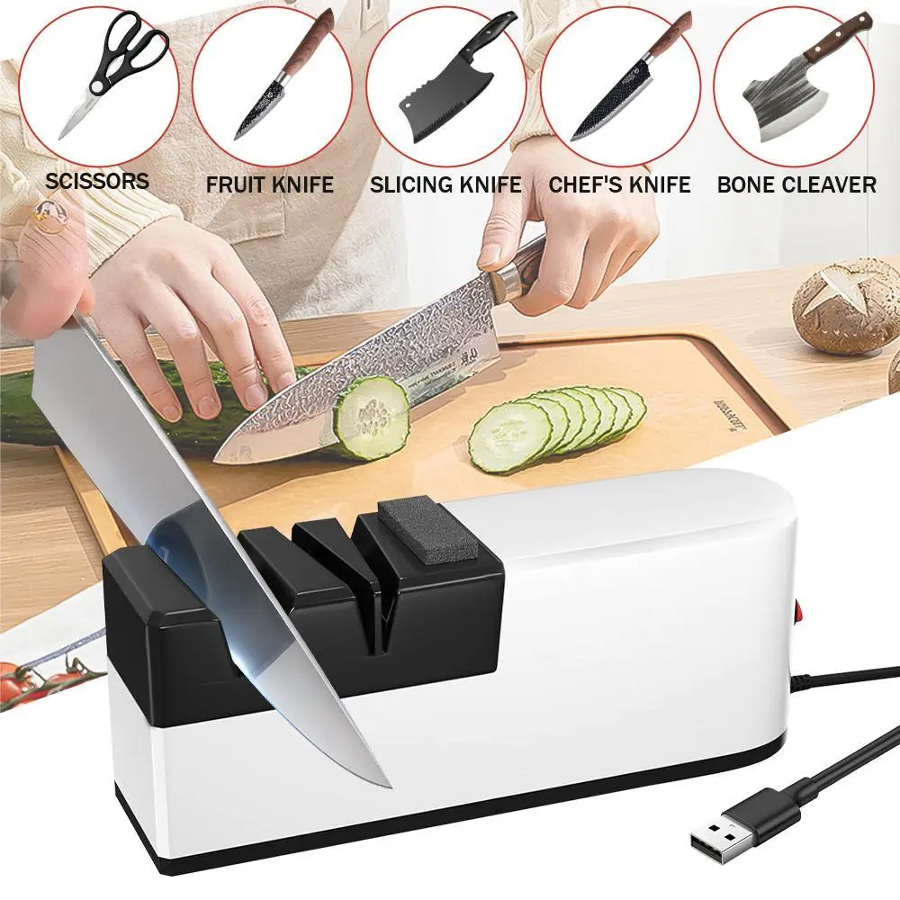 【BackToSchool】Ergonomic Automatic Electric Knife Sharpener - Compact 20cm x 7.5cm Ceramic & Tungsten Steel Kitchenware Tool with Non-Slip Design, Stainless Steel & ABS Rectangular Body for Home Kitchen Knives, Blade Repair, Tungsten Fine Grind