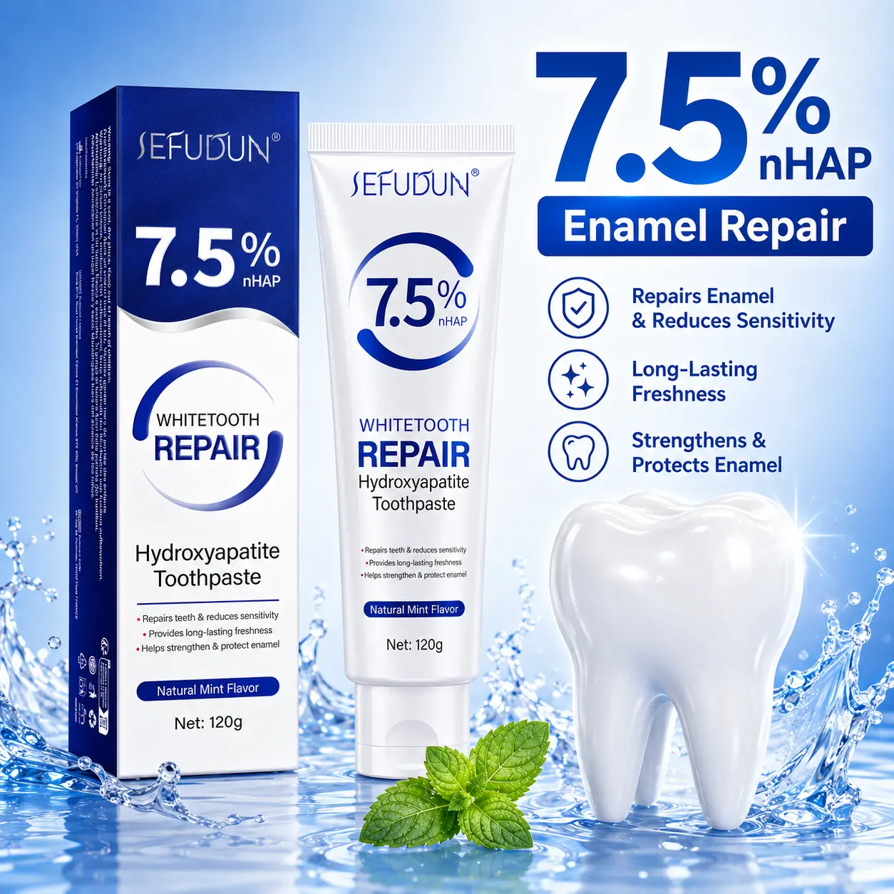 Remineralizing Toothpaste with 7.5% nHAP for Sensitive Teeth, Fluoride-Free Daily Oral Care with Mild Mint Flavor, 120g