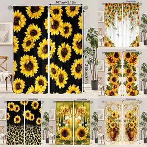 2pcs High-Definition Digital Print Sunflower Pattern Decorative Curtains, Polyester Material, Semi-Transparent Privacy Protection, Hand Washable