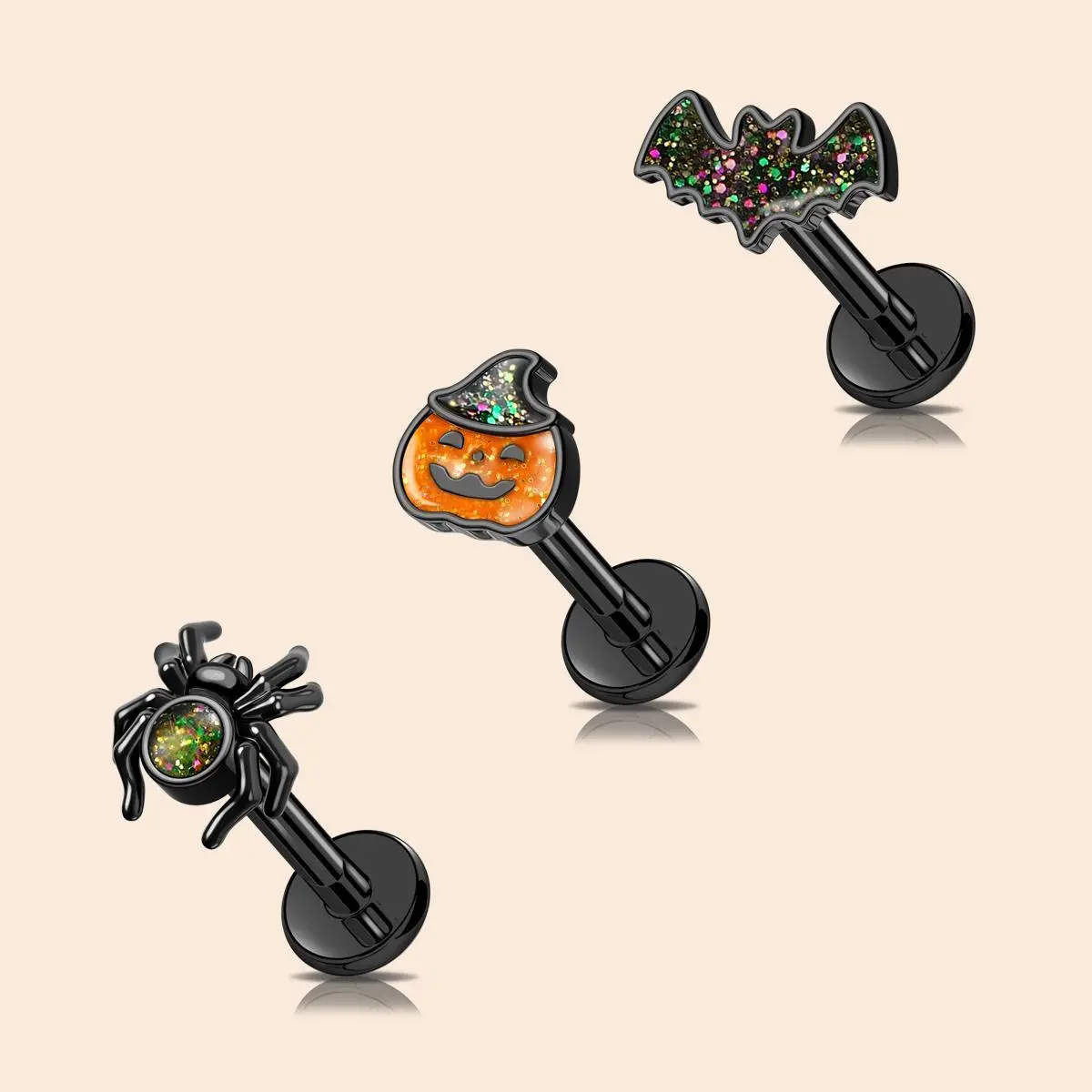 OUFER 16G Unisex Fashion Body Jewellery Set - 3-Piece Sparkle Animal Design Glitter Cartilage Studs (Spider, Bat, Pumpkin), Glitter Halloween Fake Piercing Lip Ring for Those Who Love Unique Jewelry