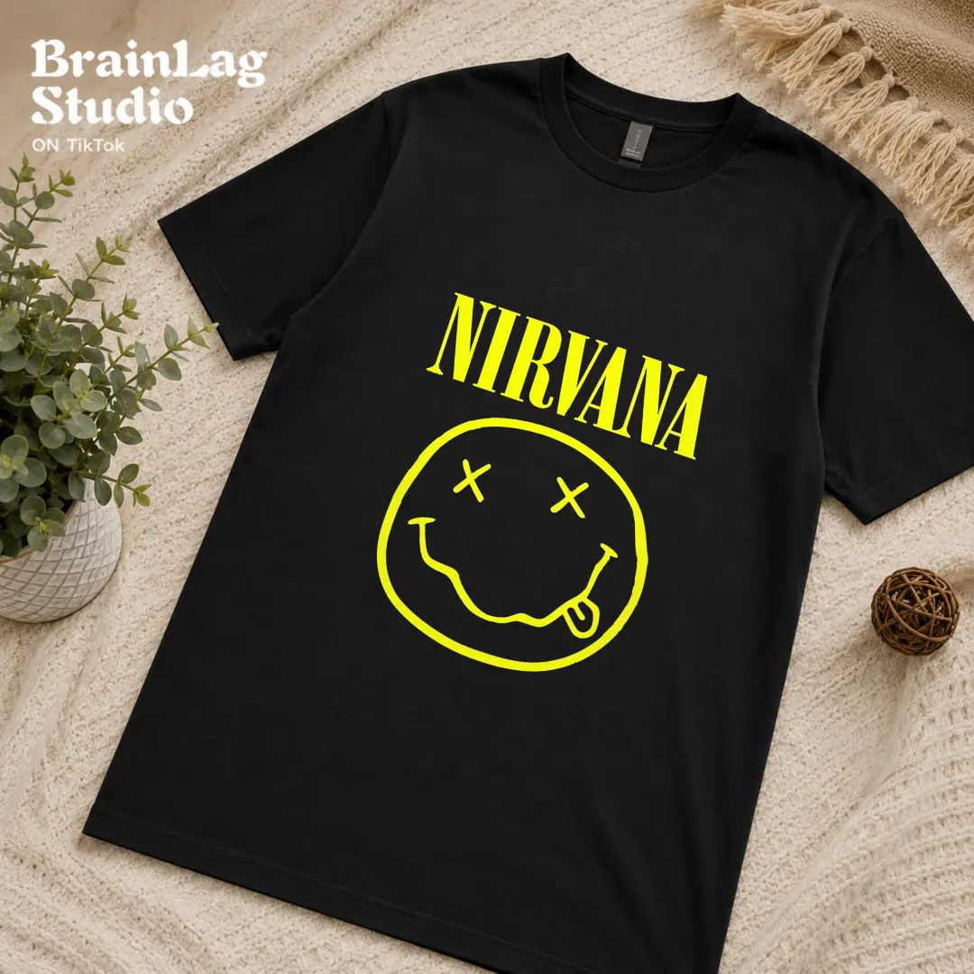 Nirvana Smiley Face Graphic T Shirt Retro Rock Band Style White Tee