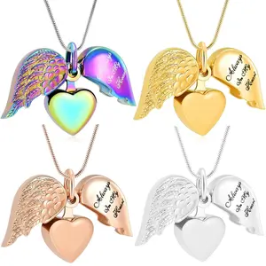 925 Sterling Silver Heart Wing Ashes Holder Necklace - Multiple Colors, Memorial Keepsake with "Always in My Heart" Engraving, Christian Inspirational Pendant, Personalized Bereavement/Graduation Gift for Men & Women (Autumn New Arrival)