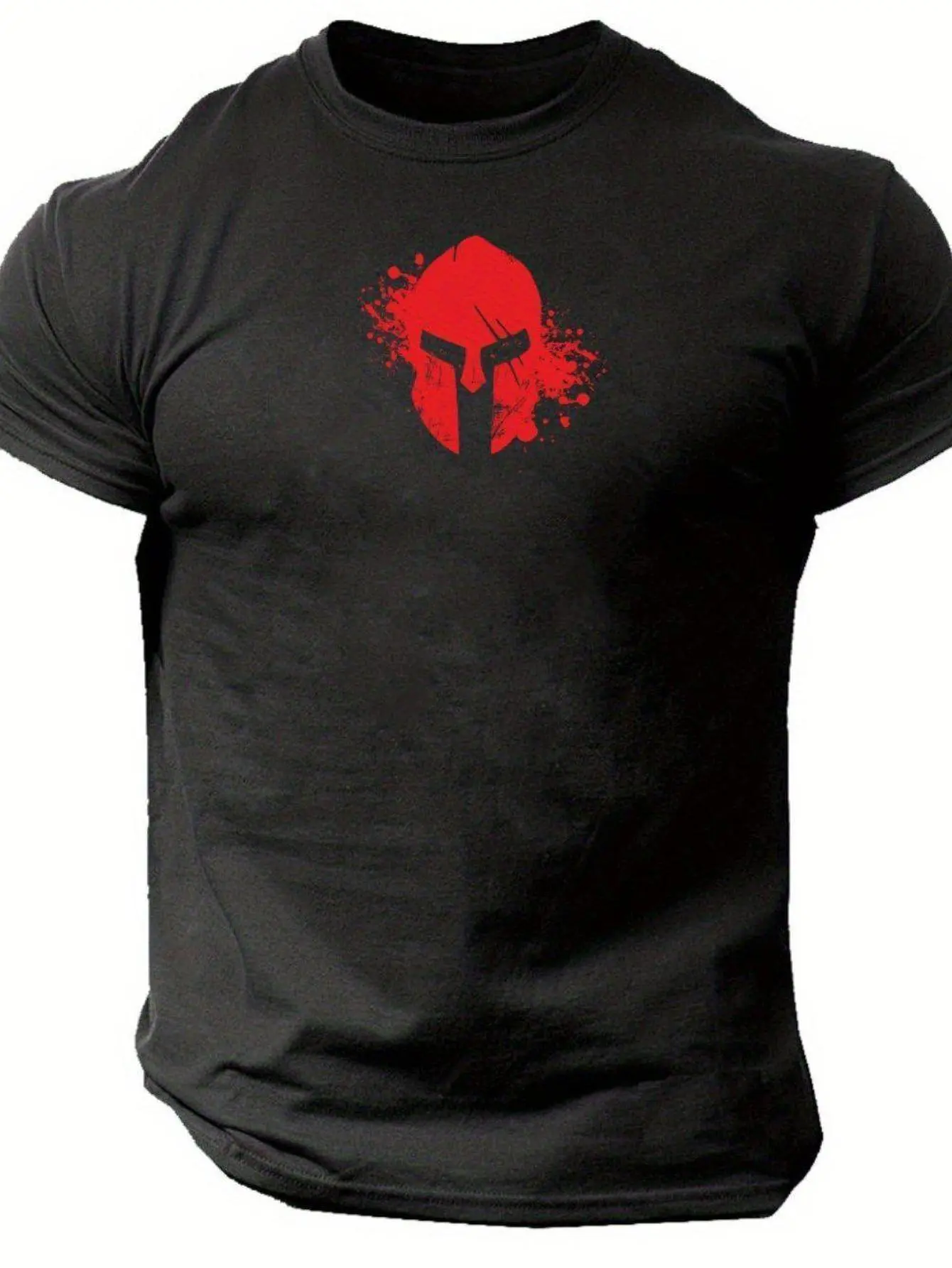 Spartan Helmet Greek Warrior T-Shirt - Spartan Motif & Blood Helmet Design, All-Season Fit Casual & Gym Wear, Historical Battle Tee for Spartan-Themed Outfits, PLUS SIZE