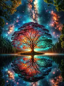 5D Full Drill Diamond Painting Kit, Magical Galaxy Tree of Life Art, Vibrant Nebula & Water Reflection DIY Wall Decor