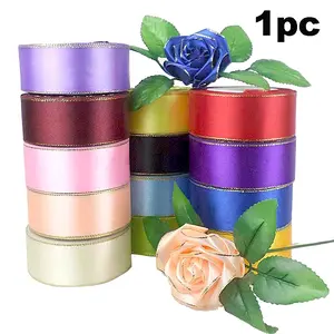 Gold Trim Silk Ribbon DIY Rose Bouquet Hair Clip Satin Tape 4cmx22m, Perfect for Crafting and Decorative Projects