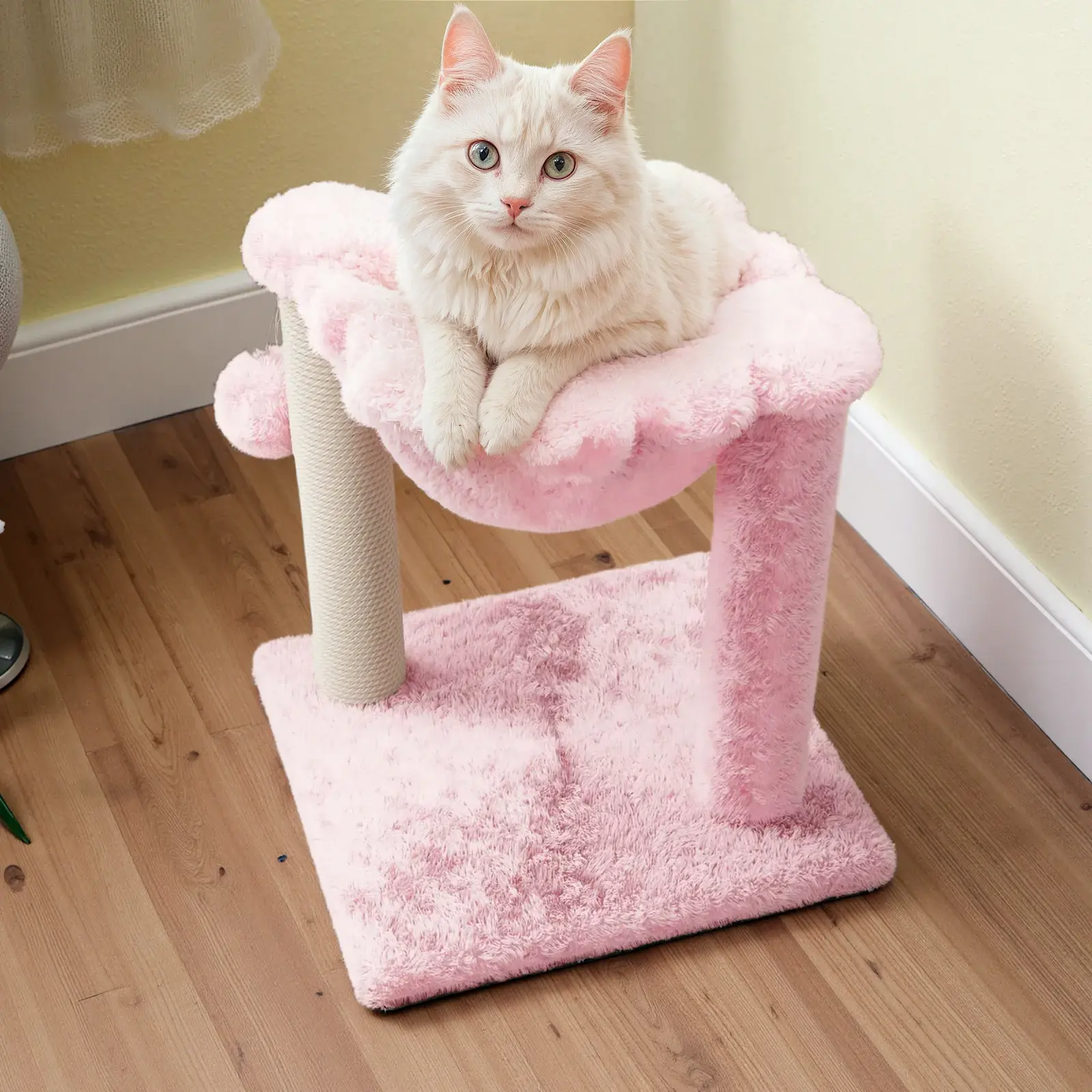 Sha Cerlin 14in Cat Toy Cat Tree,Single Cat Basket with Double Ears,Sisal Scratching Post with Plush Hammock, Dark Blue/Beige/Grey/Pink Summervibes Father's day Gift