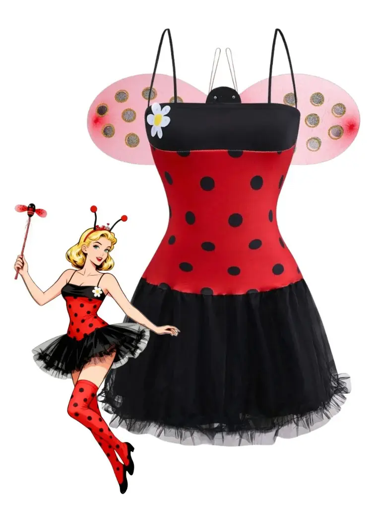 RETRO STAGE Women's 1960s Red High-Stretch Miraculous Ladybug Cosplay Costume Set - Above-Knee, Back Concealed Zipper, Includes Dress,Socks,Wings,Hairband - For Cosplay Events,Party Use - Cosplayer Clothes,Women's Clothes,Theatrical/Cartoon Costume Sets