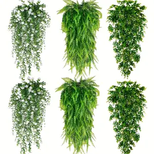 6 Pack of Artificial Hanging Ferns & Ivy, Lush Greenery Mix with Boxwood for Instant Porch, Garden & Wall Decor, Realistic Outdoor Indoor Set, Artificial Fake Plants, Outdoor Faux Plants