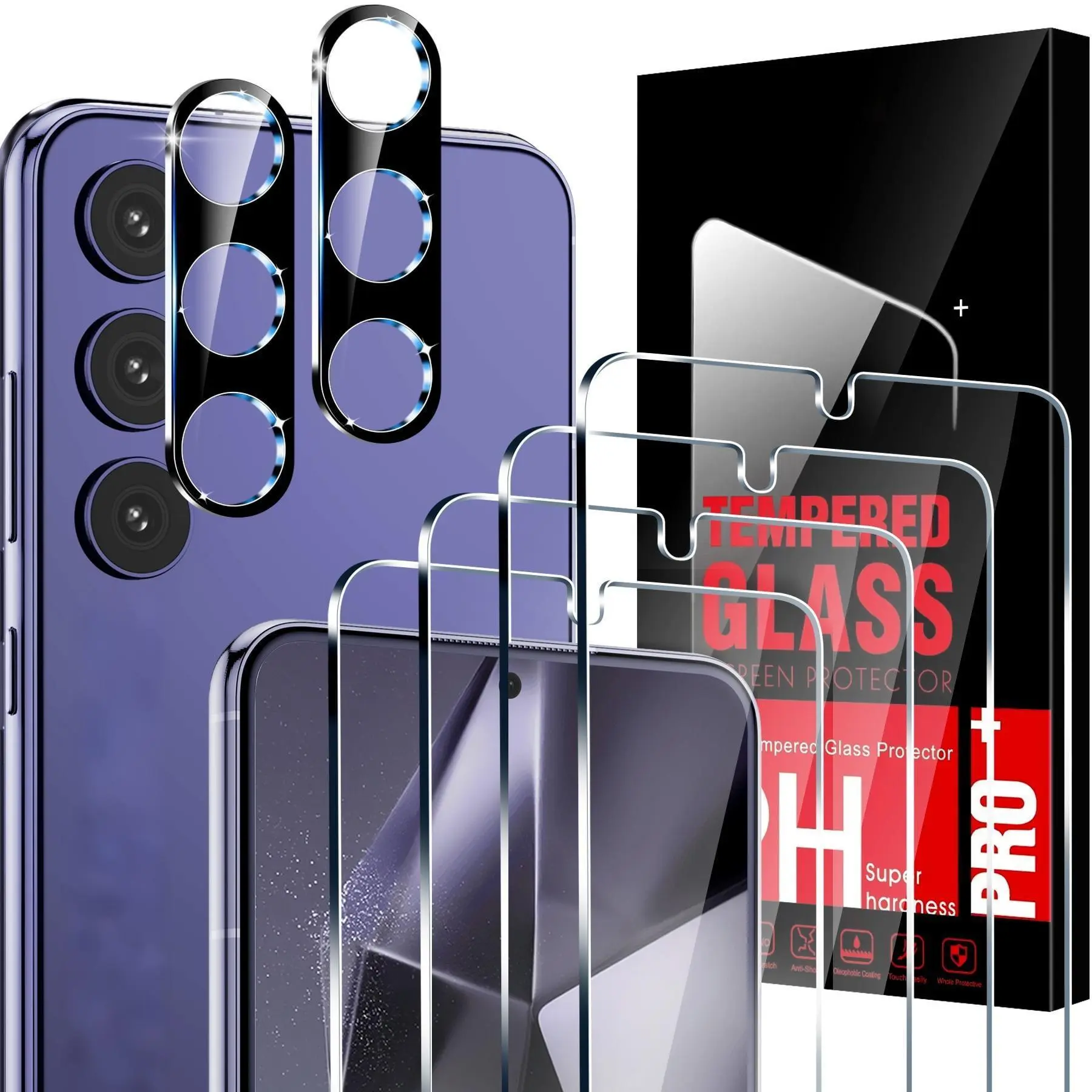 Tempered Glass Screen Protector Set (4+2 Packs) for Galaxy S24 Plus Smartphone, 9H Scratch Resistance, Fingerprint-Friendly, Transparent, Easy Installation, Protective Handheld Cellphone Devices Accessory for Full Protection