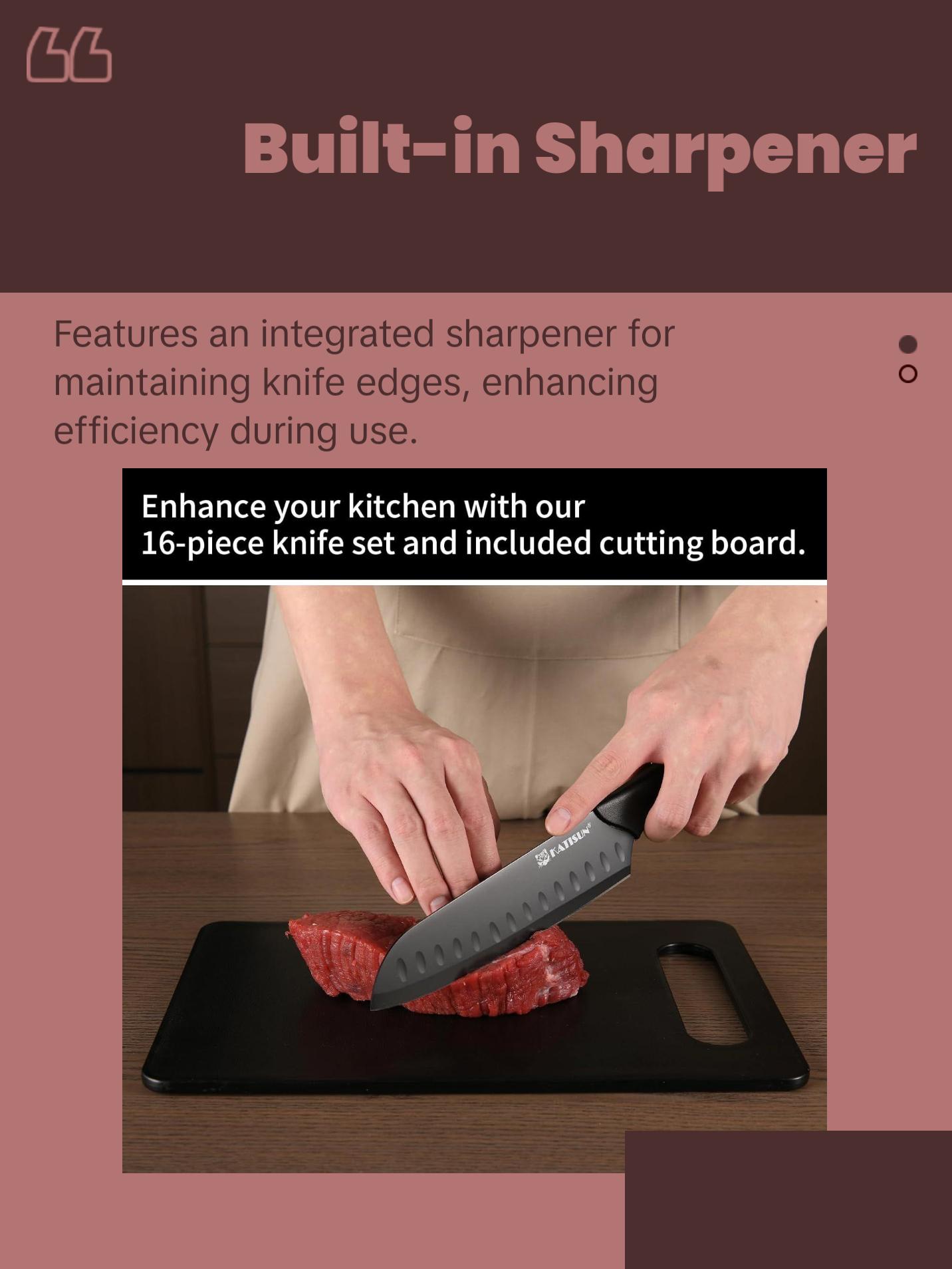 16 Pieces Kitchen Knife Block Set with Cutting Board, German Premium Quality Stainless Steel, Built-in sharpener, Dishwasher Safe, 6 Steak Knives, Anti-slip handle, Black Kitchen Knives Plastic Wooden