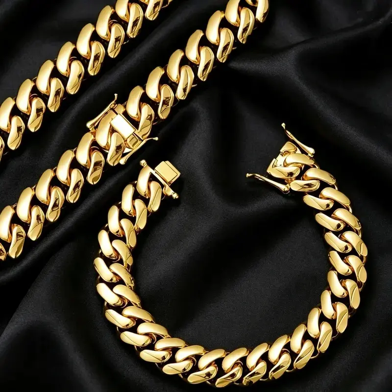 Men's 14K Gold Plated Heavyweight Cuban Link Bracelet Solid Stainless Steel Heavy Chain, Fade-Resistant Hypoallergenic Hip Hop Look Wrist Jewelry, 6-22MM, Secure Double-Lock Clasp for Everyday Wear, Solid Steel