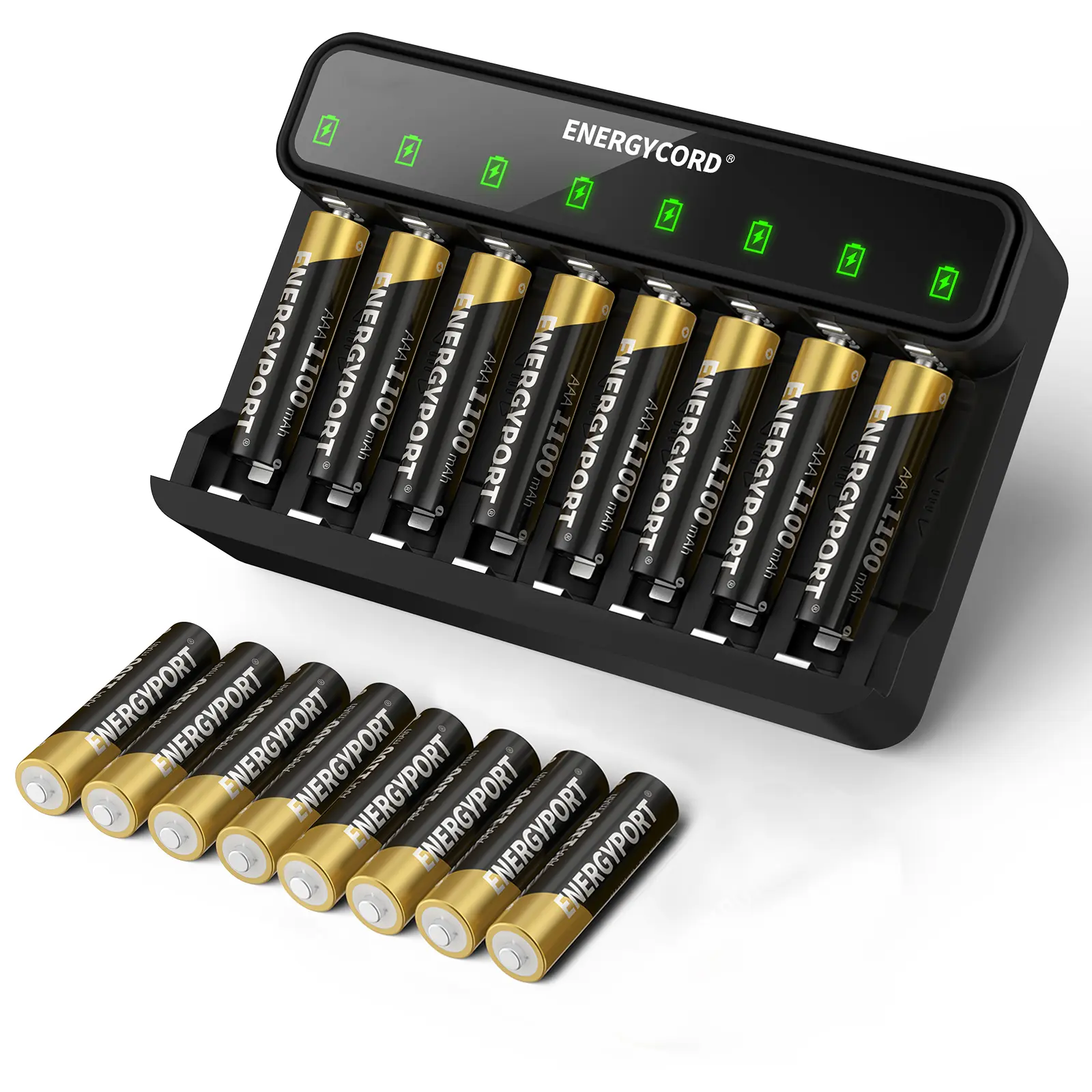 ENERGYPORT 16-Pack Rechargeable AAA NiMH Batteries with 8-Bay 8-Slot Charge Fast-Charging Charger, 1100mAh 1.2V, Smart Control Guards Batteries, Recharge Up to 1200x, Led Screen Led Display for Remote Cordless Phone