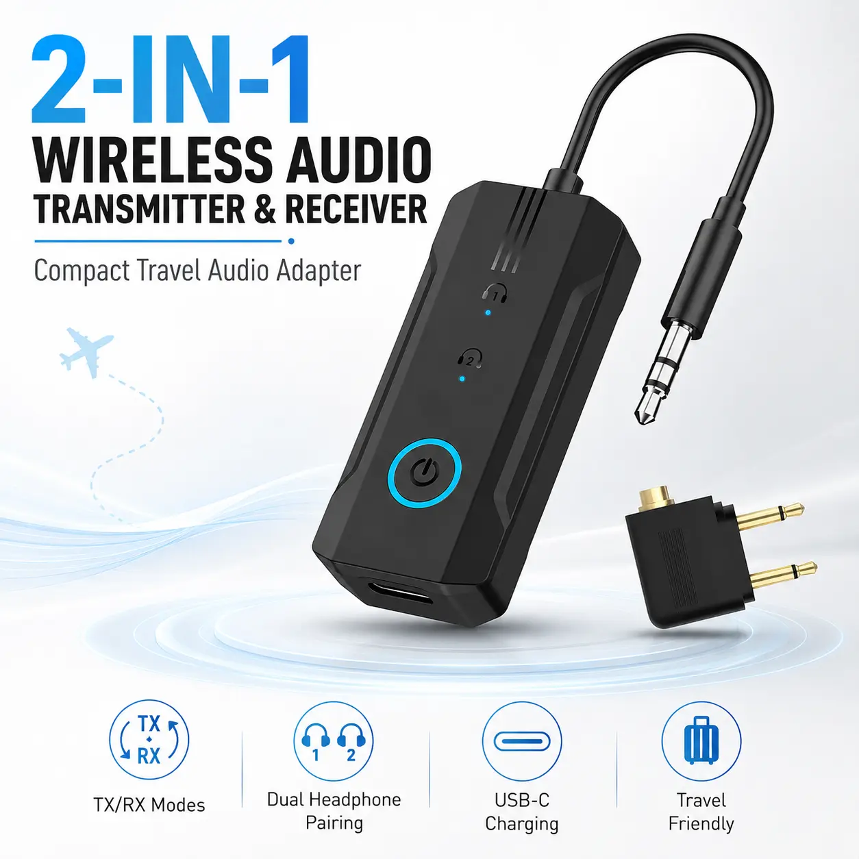 2-in-1 Wireless Audio Transmitter Receiver, 3.5mm AUX Airplane Travel Adapter with Low-Latency Dual 2-Headphone Connection, 8H Rechargeable USB-C Charging Audio Converter, Compact Portable Car Accessories for Flight TV Home Stereo