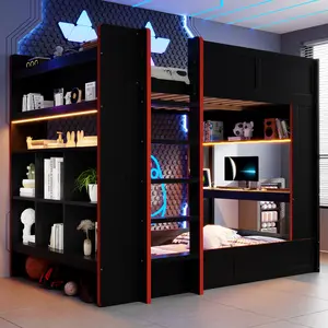 Full Gaming Loft Bed Frame with Desk, Storage Shelves, LED Lights & USB Charging Station, Wood Full Over Full Bunk Bed with Desk and Ladder, Black & Red