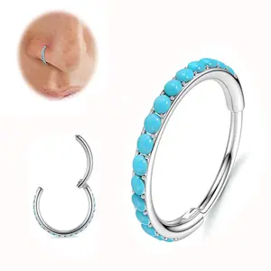 20G Titanium 0.8mm Nose Ring Hinged Segment Clicker Ring Septum Conch Helix Cartilage Piercing Daith Earrings Jewelry Trendy Turquoise Gemstone 8mm checkered Nostril