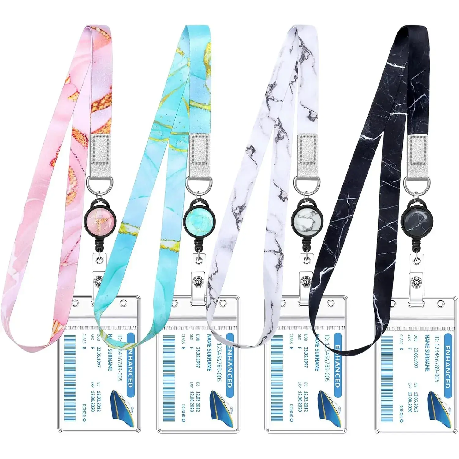 4 Pack Marble Cute Lanyards for ID Badges - Retractable Reels, Waterproof Holders, 2025 Cruise Ship Card Essentials, Office Identification Supplies