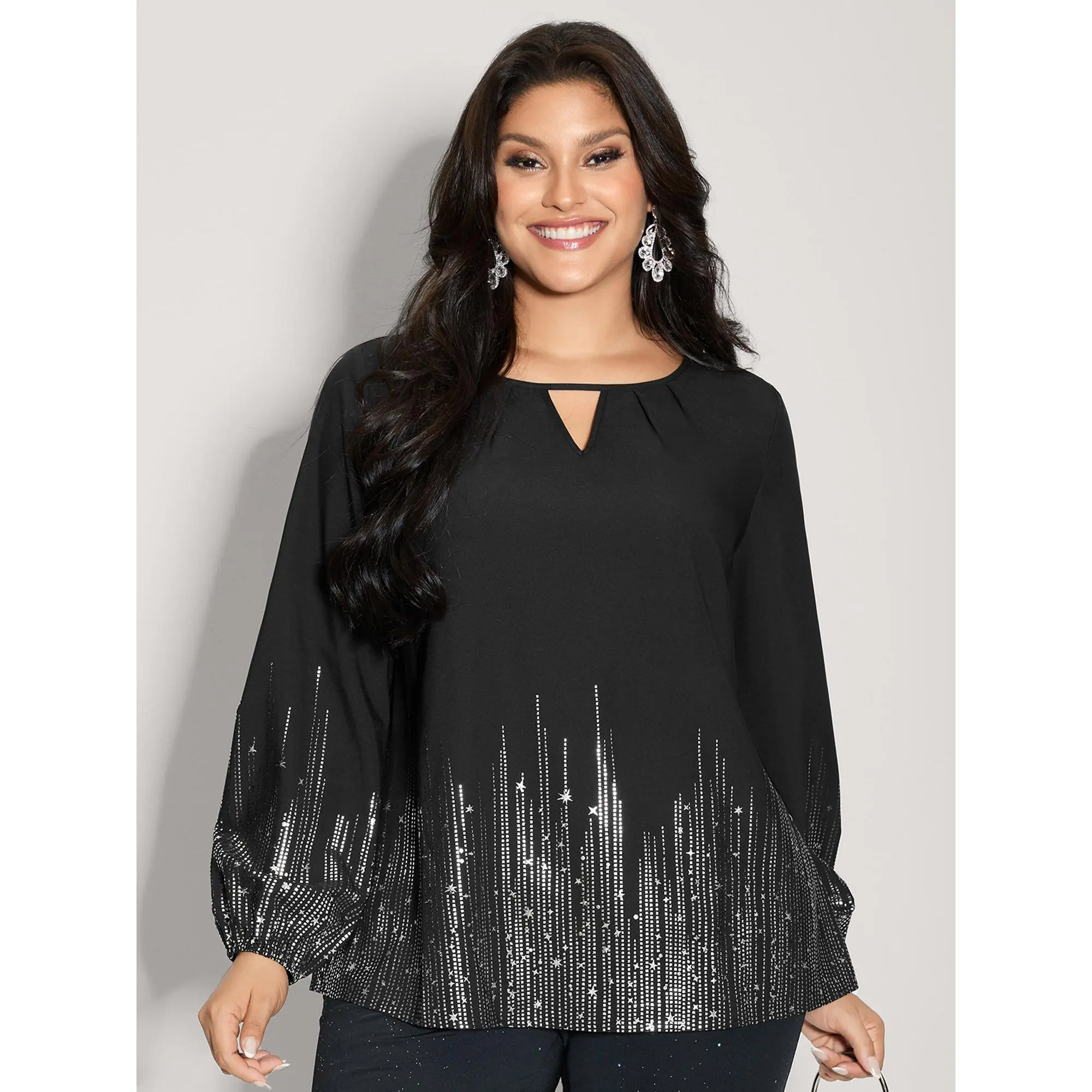 BloomChic Women's Plus Size Shimmery Metallic Blouse, Cocktail Party Top with Lantern Sleeves and Cut-Out Detail, Regular Fit, Lady, Shirts, Plus Size Clothes, Trendy Blouses, Long Sleeves, Plus Size Tops, Dressy Tops
