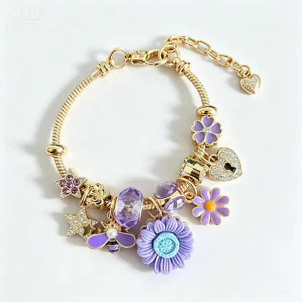 Purple Sunflower Bee Floral Charm Bracelet, Gold Adjustable Snake Chain Beaded Bracelet, Lavender Crystal Rhinestone Star Lock Heart Pendant Wrist Jewelry, Sweet Purple Flower Bracelet Gift for Teen Girls Women Flower Lovers