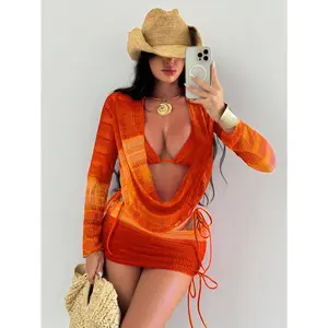4pcs Women's New Spaghetti Strap Backless Top, Shirt With Side Tie, Tie Side Swim Shorts, And Bikini Set Set For Summer Beach Vacation