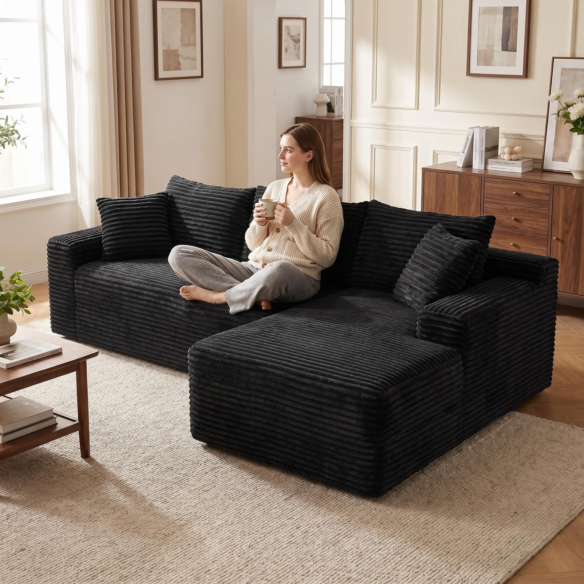 96" Cloud Couch Sofa, Sectional Sofa Couches for Living Room, Black Corduroy L-Shape Upholstered Boneless Couchs Modern Modular Sectional Couch with Chaise Lounge and Toss Pillow, No Assembly Required