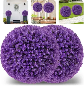 Set of 2 16 Inch Artificial Pine Cone Topiary Balls in Purple with 7 Layers Leaves, UV Protection, Faux Evergreen Plant for Porch Garden Backyard