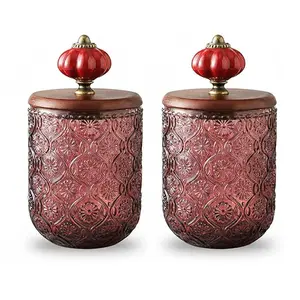 Vintage Transparent Sturdy Glass Storage Containers Set - Kitchen Food Canisters with Pumpkin Porcelain Ball Wooden Lids, for Kitchen Organization and Food Preservation (Preserving Containers)