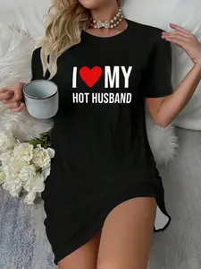 Women's Heart Print Home Dress, Loungewear, Sweet Casual Style, Skin-Friendly Fabric, Short Design, Fitted, Nightwear, Perfect for Home Living & Leisure