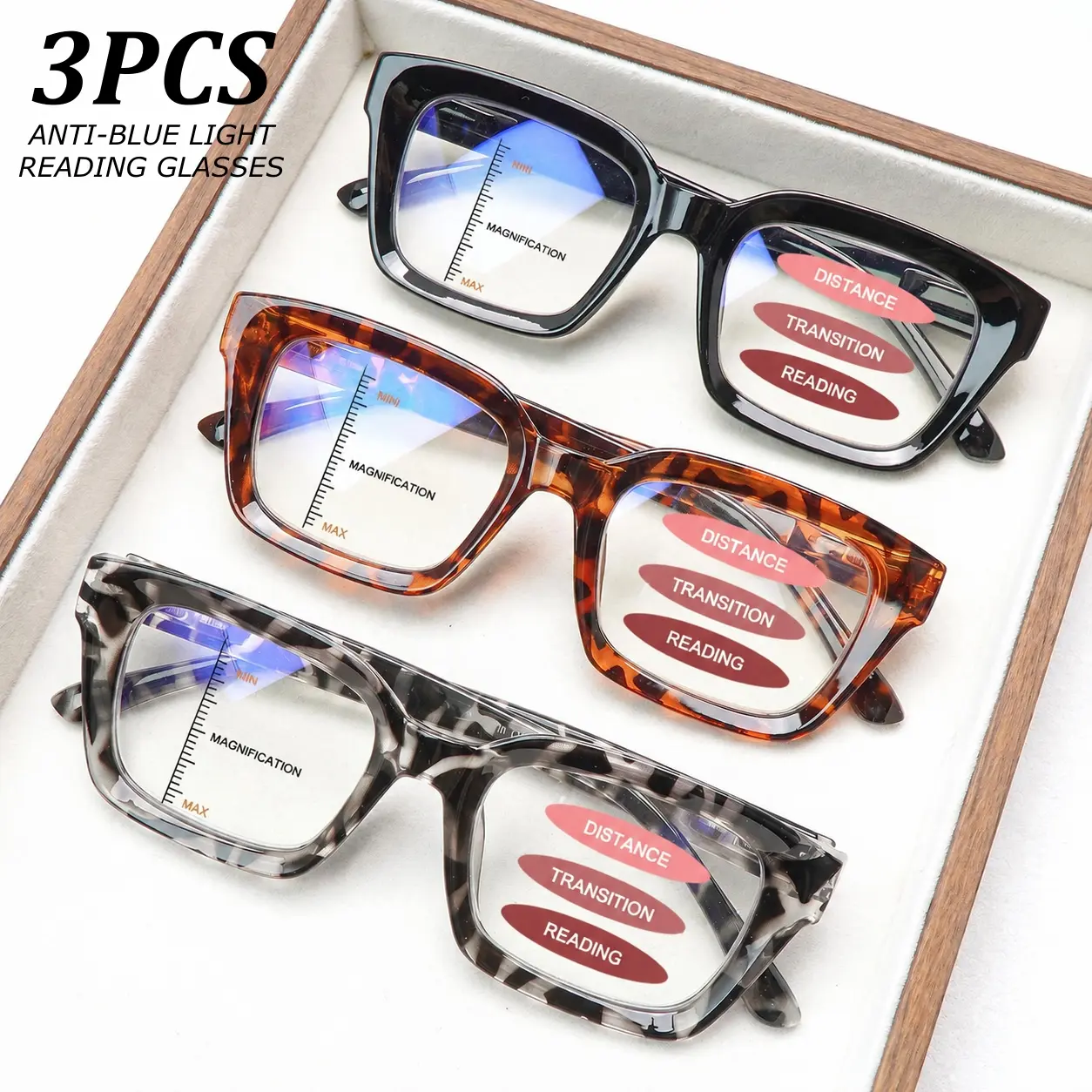 3 Pack Progressive Multifocal Reading Glasses Blue Light Blocking Computer Readers Spring Hinge Oversized Frame Unisex Durability Adjustable