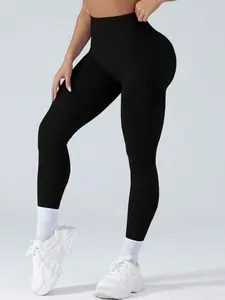 Women's Seamless High Elastic Fitness Leggings for Yoga & Studio, Burgundy, 90% Polyamide, 10% Elastane, All Seasons, High Waist, Long Length, 1 Piece Set