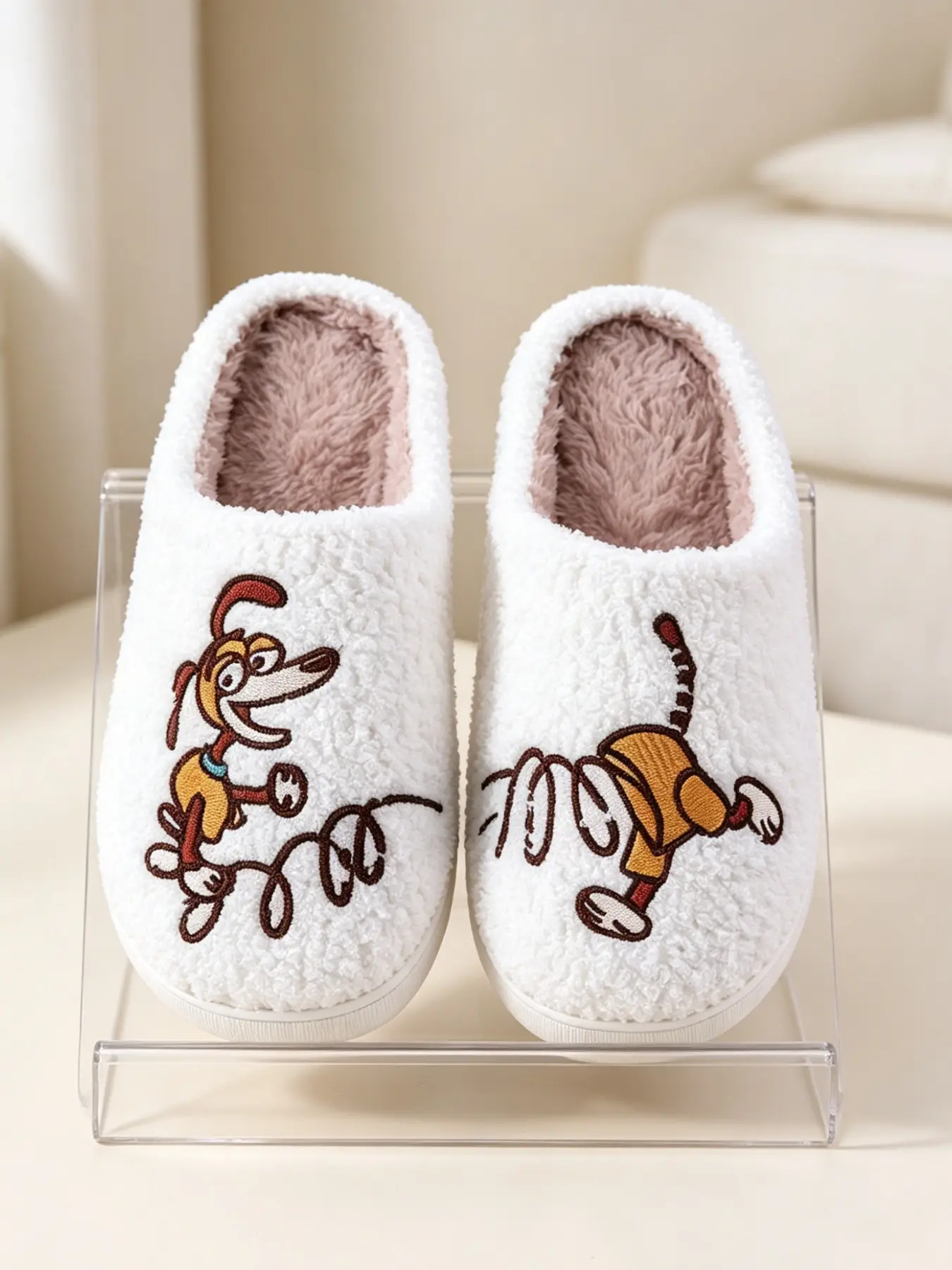Cute Anime Puppy Embroidered Slippers, Home Slippers, House Shoes, Plush Fuzzy Upper, Warm Fleece Lining, Non-Slip Quiet Sole, Ideal for Bedroom Daily Use