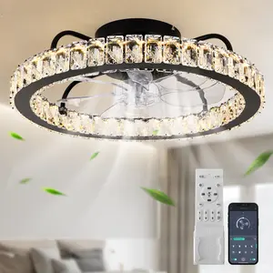 Modern Dimmable LED Crystal Ceiling Fans with Lights, 19.7inch Black Round Ceiling Fan with Lamp and Remote, Bladeless Indoor Semi Flush Mount Fans Lighting Fixture for Living Room Kitchen Bedroom