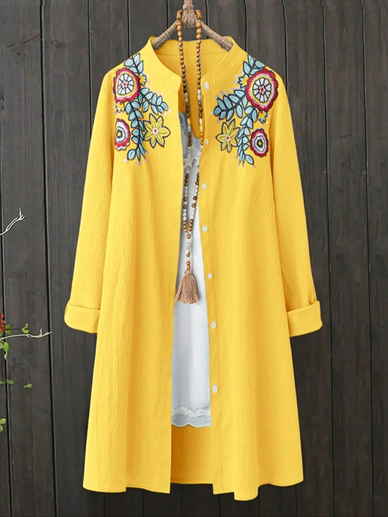 Plus Size Women's Spring & Fall New Arrival Mid-Length Embroidered Open Front Shirt Blouse Lady, Casual Fashionable Long Sleeve Top Embroidery Womenswear Boho Chic Blouse