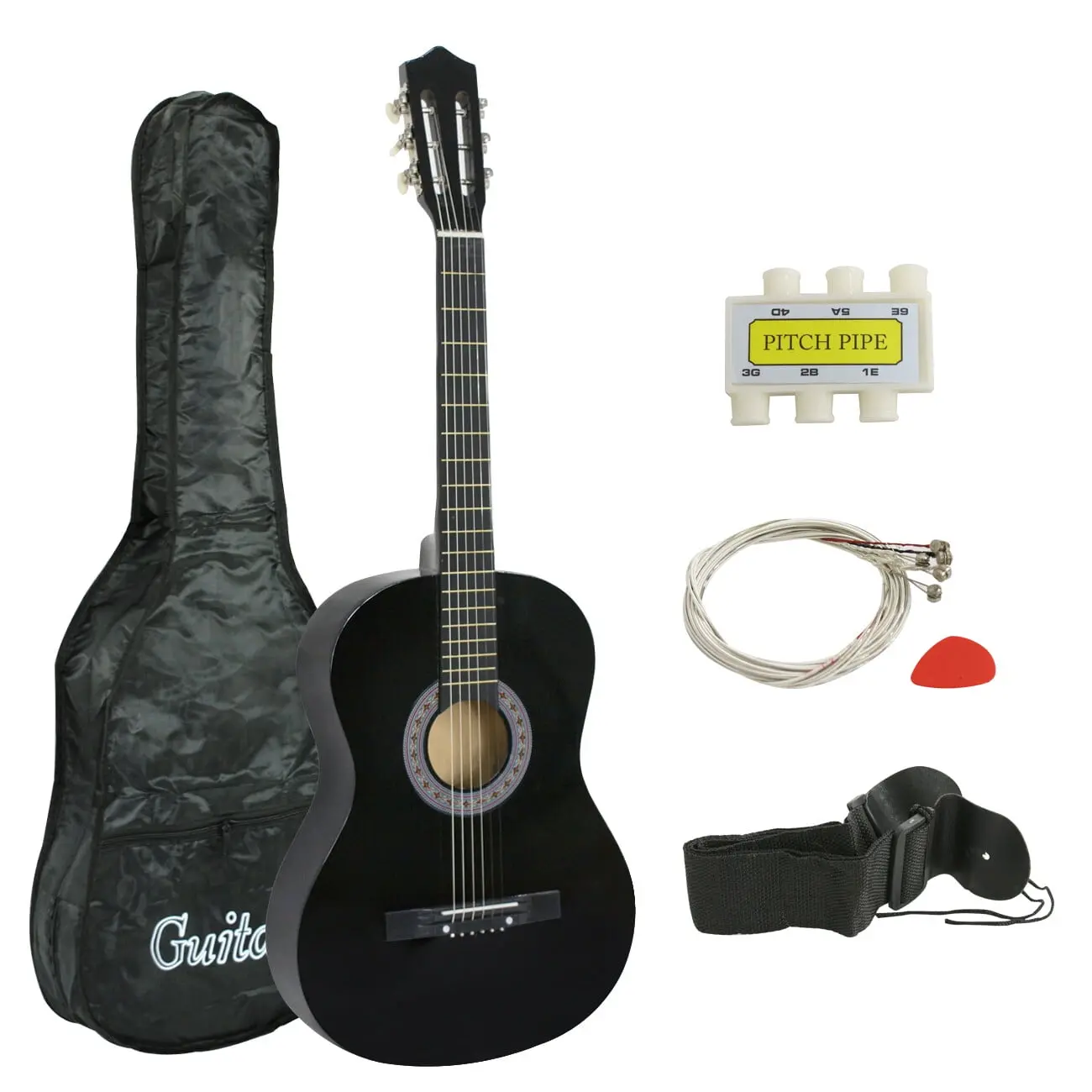 ZENY 38-in Classic All-Wood Lightweight Right-Hand 6-String Acoustic Guitar Kit for Beginner Kids, Black - W/Case, Strap, Tuner, Pick, Guitar Learning Tools
