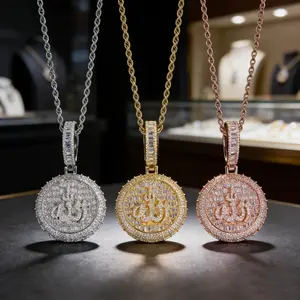 Arabic Calligraphy Medallion Pendant Necklace for Men Women, Iced Out Round Coin Charm Chain in Silver Golden and Rose Golden, Hip Hop Statement Jewelry Gift