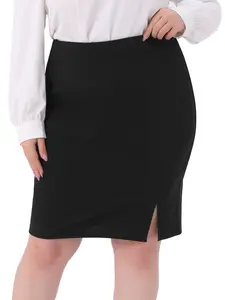 Agnes Orinda Women's Plus Size Pencil Skirt Knee Length High Waisted Stretchy Formal Business Work Skirt with Slit Black